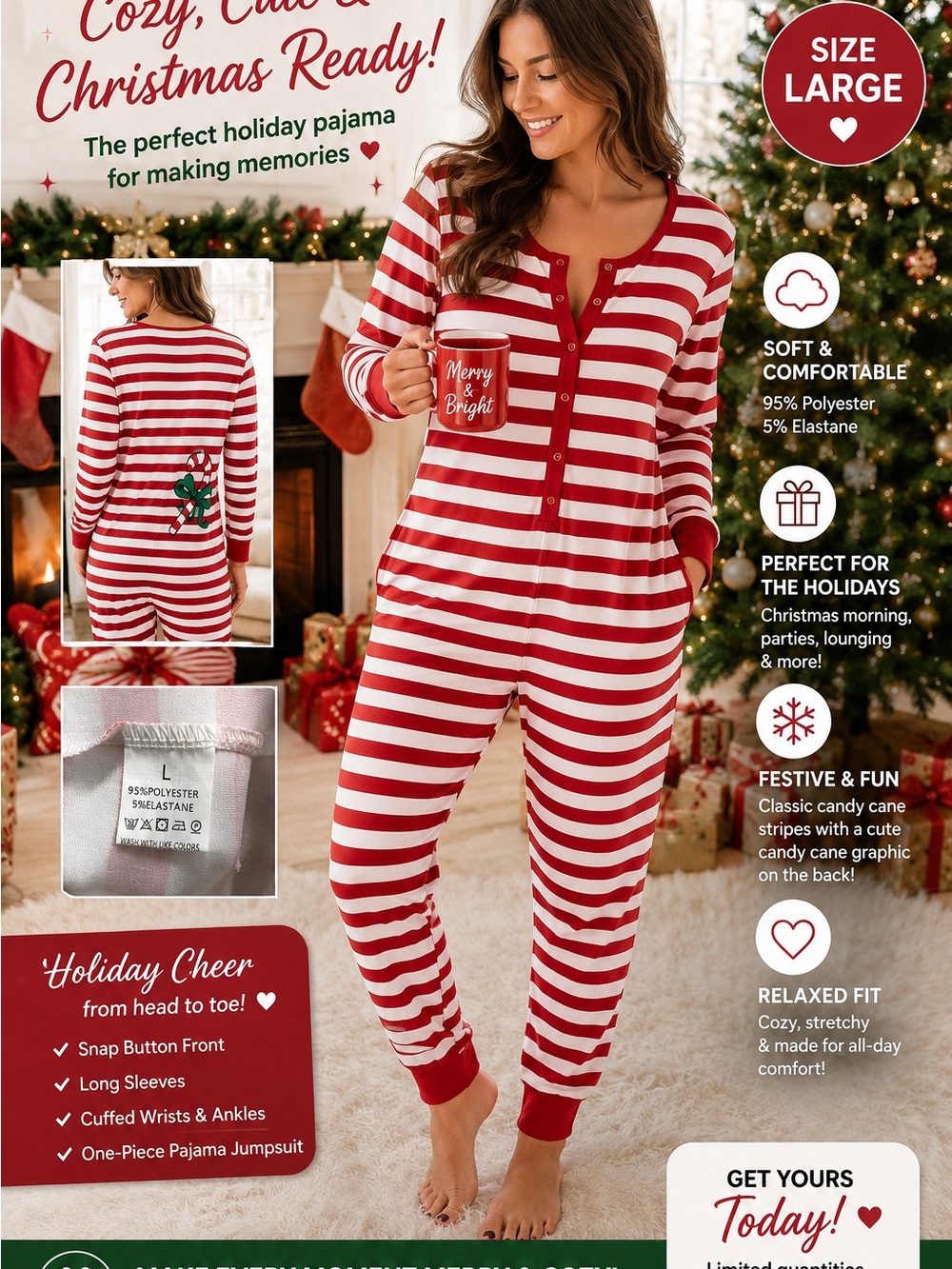 Holiday Candy Cane Striped One-Piece Jumpsuit – Red & White